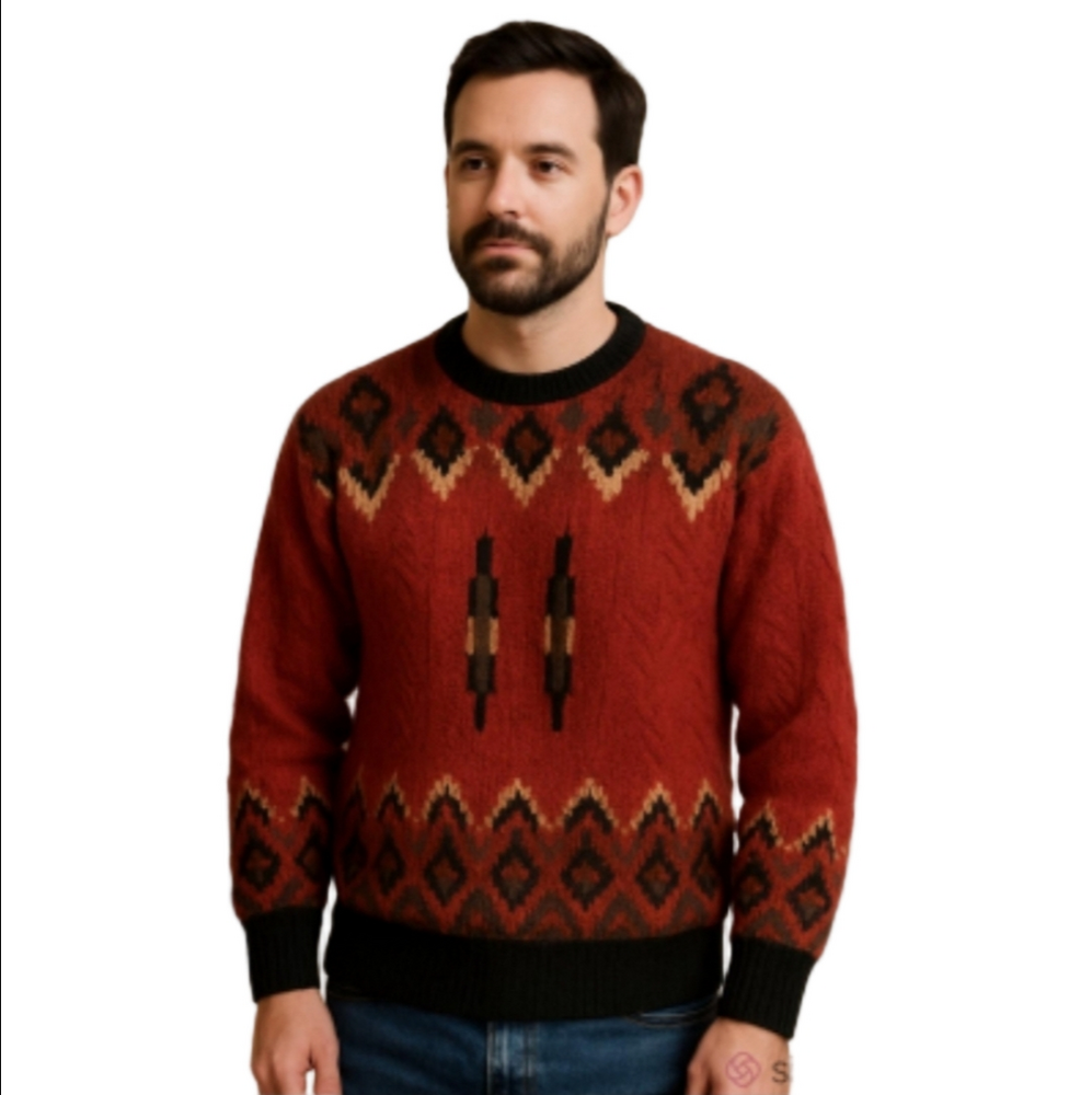 Vintage Bachrach 3D Knit Mens Large Cableknit Wool Grandpa Red Black Sweater